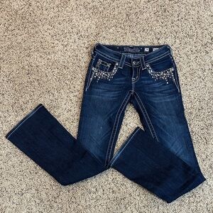 Miss Me Dark Blue Boot Cut Jeans with Rhinestone Pocket Accents